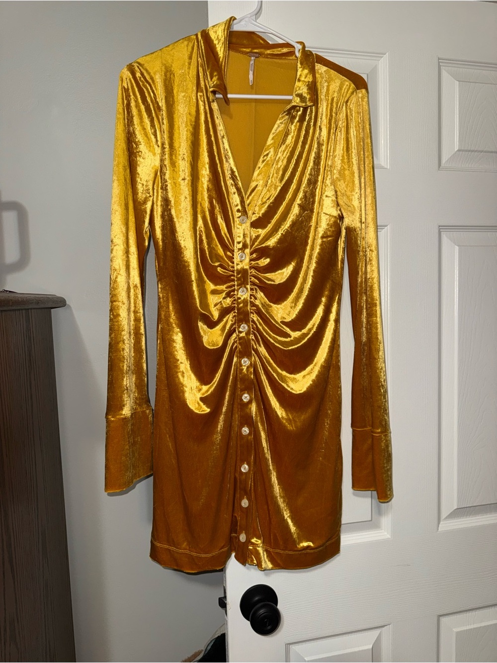 Free People Gold Velvet Ruched Long Sleeve Mini Dress